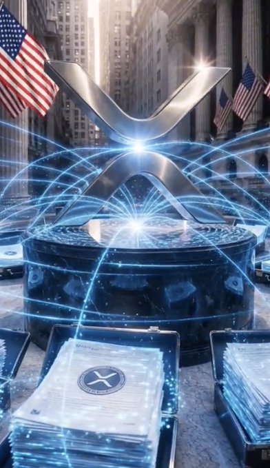A stylized image features the XRP cryptocurrency logo prominently displayed with glowing blue energy lines, set against a backdrop of American flags and what appears to be the Wall Street area, with stacks of XRP tokens in briefcases below.