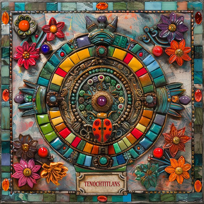 An ornate, Aztec-inspired decorative mosaic featuring a central calendar stone design with a ladybug, surrounded by colorful ceramic flowers, tiles, and gemstones, with a label reading 'TENOCHTITLANS' at the bottom.