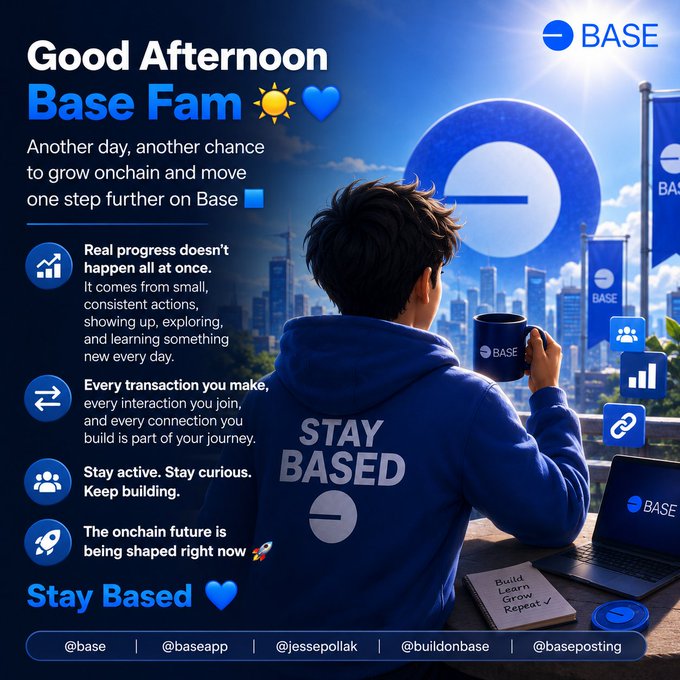 The image features a man wearing a blue hoodie sitting at a desk with a laptop computer. There are several other people visible in the background, but they do not seem to be directly involved with the main subject of the photo. The text on the image reads "Good afternoon Base Fam Another day another chance to grow onchain on Base One step further on Base". This message is related to the post about staying based and emphasizes the importance of consistency and dedication in achieving one's goals, both in personal growth and in building a successful online presence or business.