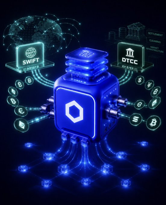 A glowing blue blockchain node featuring the Chainlink logo serves as a central hub connecting SWIFT and DTCC systems, with digital streams flowing outward to various cryptocurrency tokens (Bitcoin, Ethereum, and others) on a dark blue background.

The image visually reinforces the post's message by depicting Chainlink ($LINK) as the bridge integrating traditional financial infrastructure (SWIFT and DTCC) with blockchain networks and digital assets.
