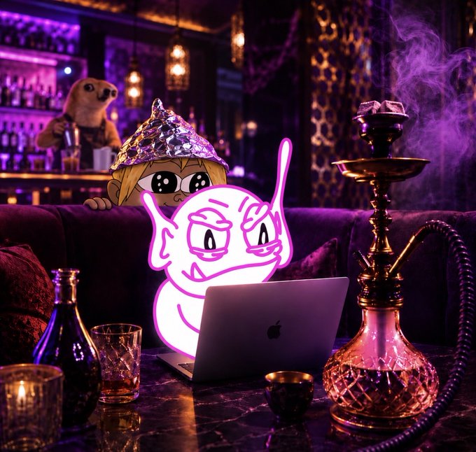 A purple-lit lounge scene featuring a neon cartoon character with sparkly tinfoil-like hair using a MacBook laptop on a table with a hookah, while a second cartoon figure peeks over a purple velvet couch in the background.