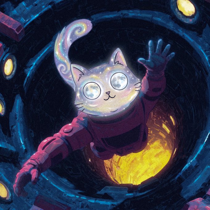 Digital artwork of a cosmic astronaut cat with large moon-like eyes, wearing a red spacesuit and floating through a glowing yellow portal against a dark blue mechanical background.