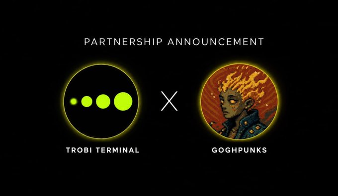 A partnership announcement graphic featuring 'Trobi Terminal' with three green dots logo on the left and 'GoghPunks' with a flaming skull character on the right, separated by an X.