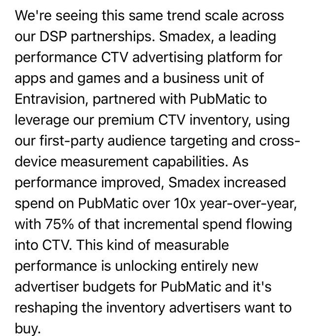 A text excerpt from PubMatic's Q2 earnings call discussing their partnership with Smadex, highlighting that Smadex increased spend on PubMatic over 10x year-over-year, with 75% of incremental spend flowing into CTV advertising, relating to the post's mention of Smadex and Entravision ($EVC).