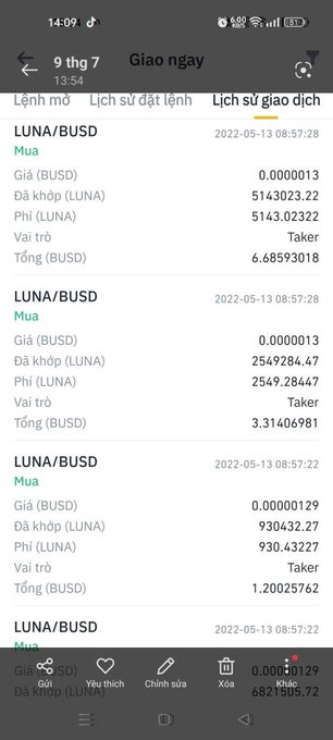 A Vietnamese Binance trading history showing multiple LUNA/BUSD buy orders on 2022-05-13, with amounts ranging from 682,195.72 to 6,685,930.18 BUSD.