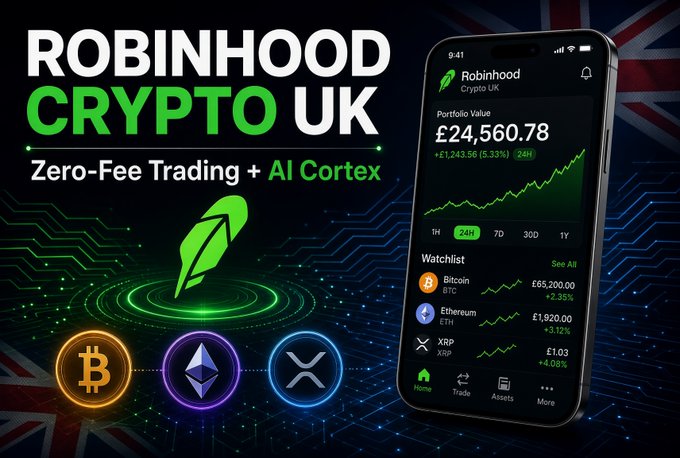 A promotional graphic for "ROBINHOOD CRYPTO UK" advertising "Zero-Fee Trading + AI Cortex" featuring Bitcoin, Ethereum, and XRP cryptocurrency logos alongside a phone displaying a portfolio value of £24,560.78 with a Union Jack background.