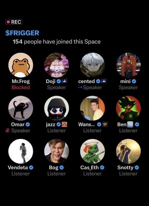 A Twitter Space titled "$FRIGGER" showing 154 participants, with Mr.Frog marked as "Blocked" while speakers Doji and cented are visible in the top row alongside other listeners like Omar, jazz, Wans..., Ben, Vendeta, Bog, Cas Eth, and Snotty—visually reinforcing the post's claim about the alleged scammers Doji and cented operating in a space associated with the blocked Mr.Frog account.