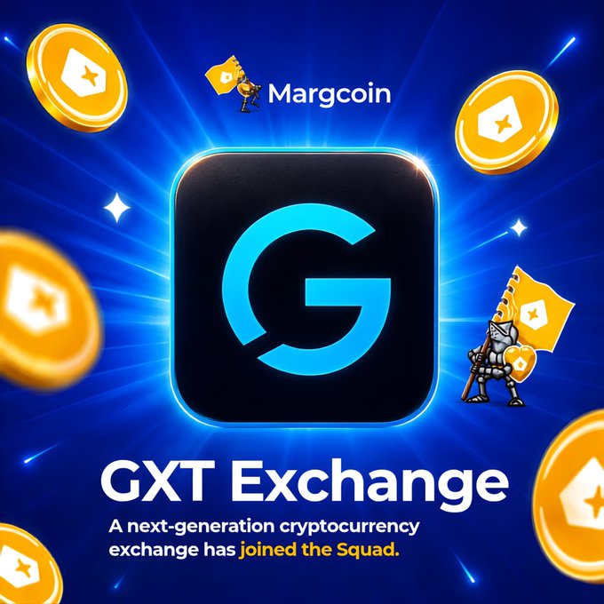 A promotional graphic for GXT Exchange announces their partnership with Margcoin, featuring a large central "G" logo surrounded by floating gold coins and armored knight mascots, with text declaring "GXT Exchange: A next-generation cryptocurrency exchange has joined the Squad."