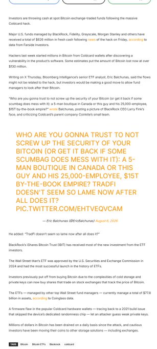 A news article screenshot with an orange-highlighted tweet by Eric Balchunas complaining about a trash scam targeting Bitcoin holders, citing a $5K bounty and reports of trading company collapses.