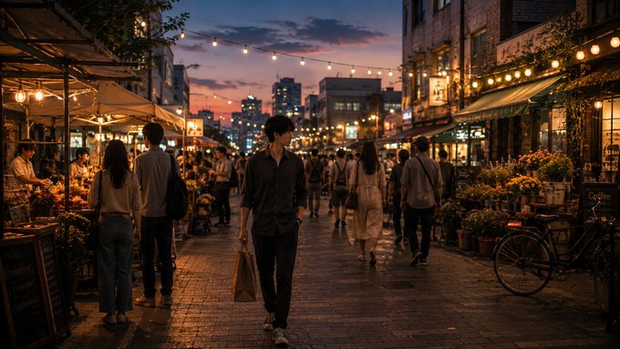 A vibrant evening street scene featuring a young man in dark clothing walking through a bustling market street illuminated by string lights, with flower shops and pedestrians on either side under a twilight sky.