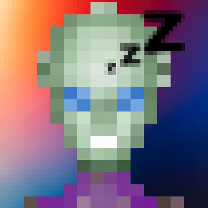A pixel art portrait of a green alien-like character with a black 'Z' symbol on its forehead, set against a blurred colorful background.
