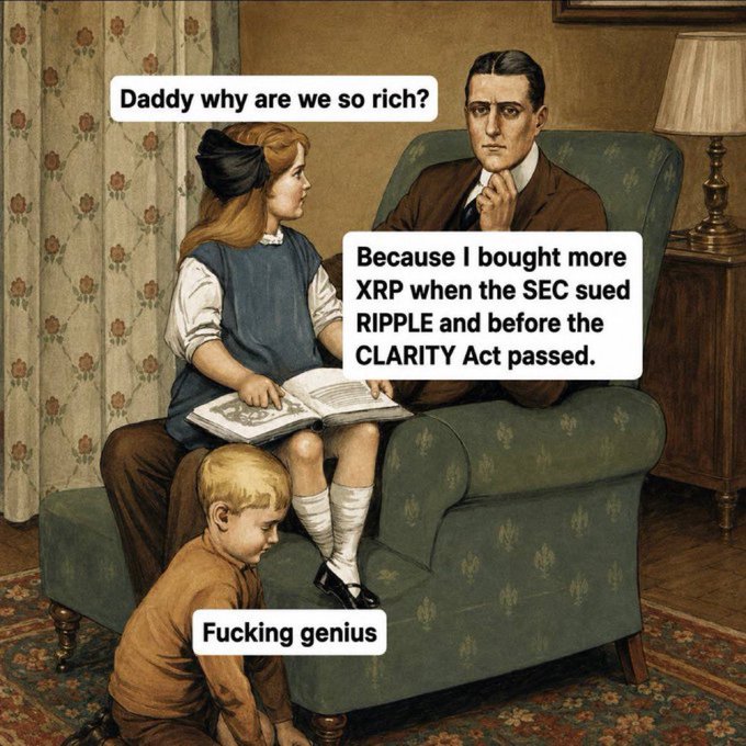 A meme using a vintage painting showing a father and children in a living room, with text: 'Daddy why are we so rich?' 'Because I bought more XRP when the SEC sued RIPPLE and before the CLARITY Act passed.' 'Fucking genius'.