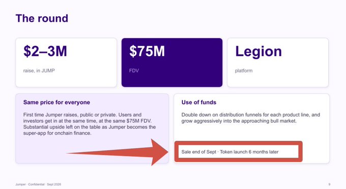 A slide titled 'The round' showing fundraising tiers ($2-3M, $75M FDV, Legion platform) for Jumper, noting sale end of Sept and token launch 6 months later.