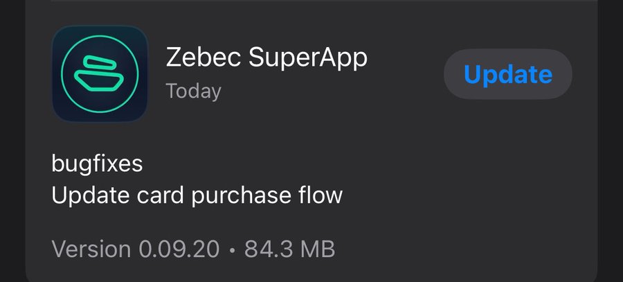 An app store update notification for 'Zebec SuperApp' with an 'Update' button, listing 'bugfixes', 'Update card purchase flow', and 'Version 0.09.20 • 84.3 MB'.