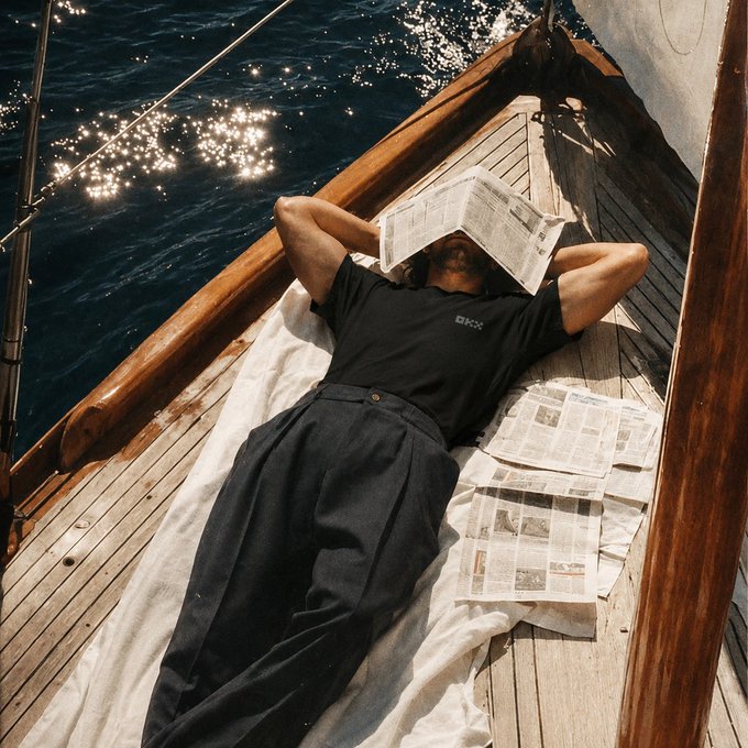A man relaxes on the wooden deck of a sailboat, using a newspaper to shield his face from the sun, with additional papers spread out beside him—embodying the post's "no plans" mood of leisurely escape.