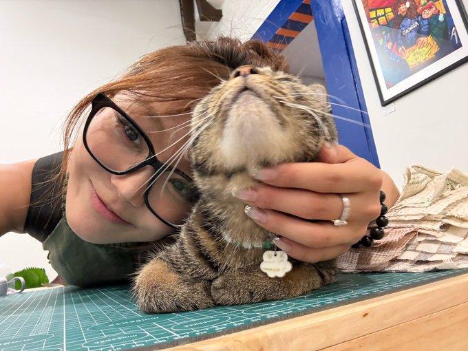 A woman wearing black-framed glasses smiling while holding the chin of a tabby cat with its eyes closed, the cat wears a green collar with a paw-shaped tag, and they rest on a green cutting mat.