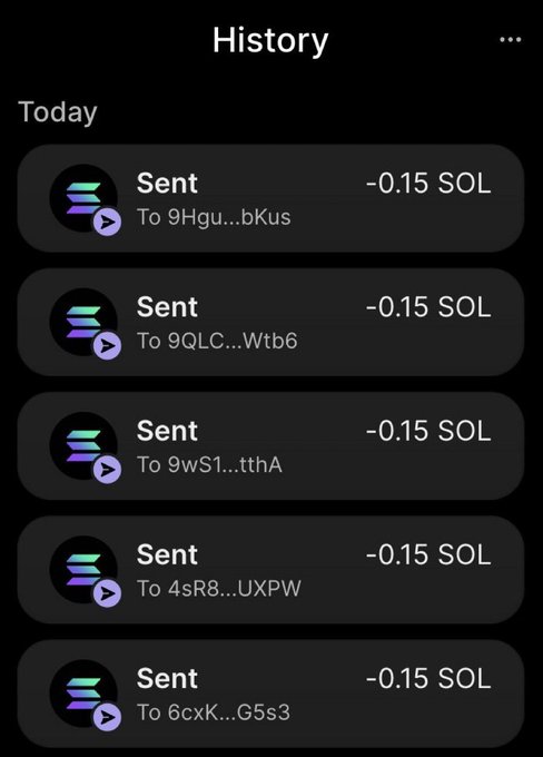 A cryptocurrency wallet transaction history screen showing multiple 'Sent' transactions, each for -0.15 SOL, sent to various wallet addresses.