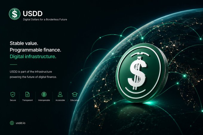 USDD (Digital Dollars for a Borderless Future) promotional graphic highlighting 'Stable value. Programmable finance. Digital infrastructure,' showcased over an image of Earth from space.