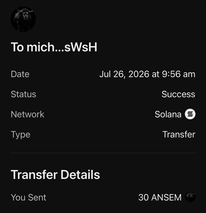 A screenshot of a successful Solana transfer showing 30 $ANSEM sent to address "To mich...sWsH" on July 26, 2026, illustrating the post's airdrop to @pathezzy.