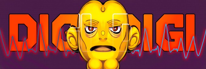 A cartoonish yellow character with a tired expression and squinting eyes is centered against the word "DIGIDIGI" in bold orange letters, with a blue heartbeat-like line running across the purple background. The image ties into the giveaway post, representing the "DigiDigi_NFT" brand and its collection of colorful, hand-drawn character portraits with distinct personalities.