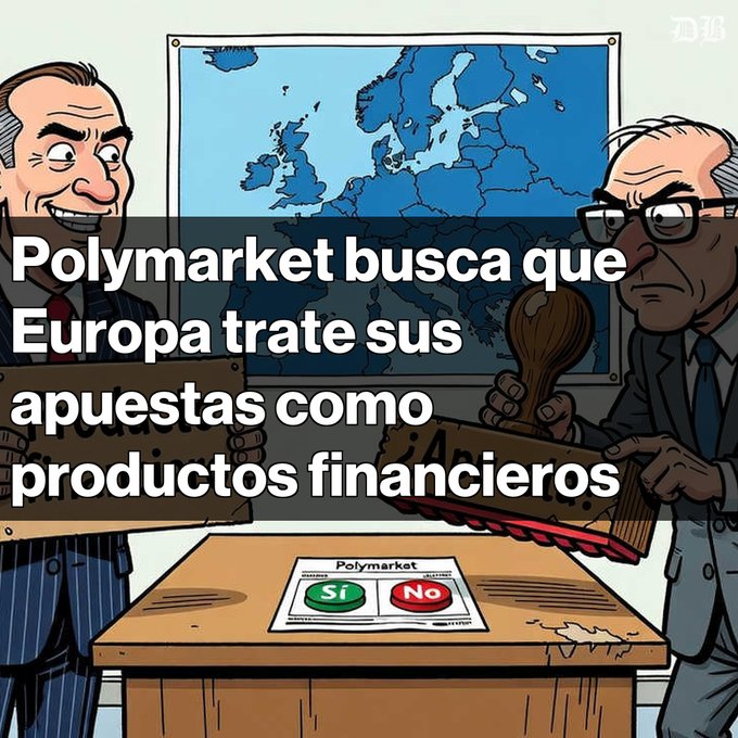 A political cartoon with Spanish text reading 'Polymarket busca que Europa trate sus apuestas como productos financieros,' depicting two figures with stamps around a ballot marked 'Sí' and 'No' under a map of Europe.
