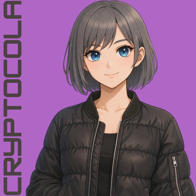 An anime-style illustration of a girl with short gray hair and blue eyes wearing a black puffer jacket against a purple background with the vertical text 'CRYPTOCOUC'.