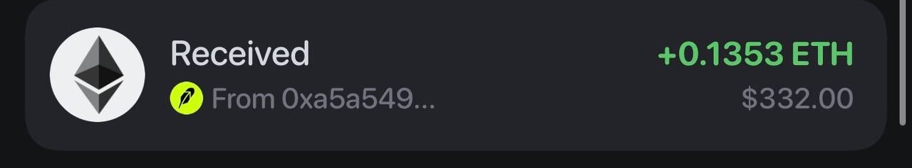 A wallet transaction notification showing a received amount of +0.1353 ETH ($332.00) from address 0xa5a549..., illustrating the early $330 starting balance mentioned in the post before the user's gains grew to $1,314 over six days.