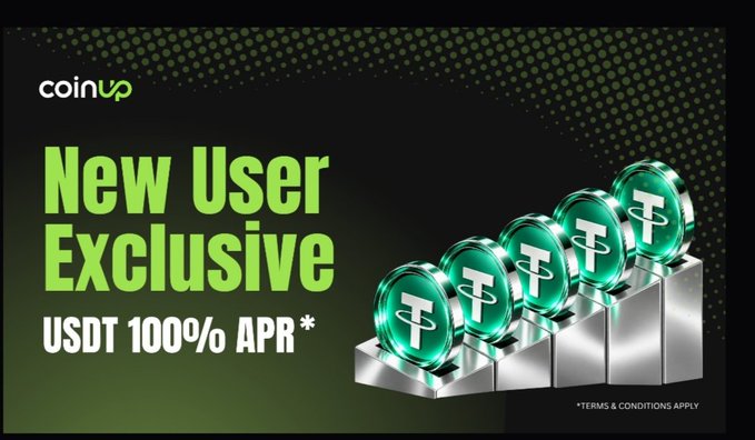 An advertisement banner for coinup featuring green 3D coins, promoting 'New User Exclusive USDT 100% APR*' with terms and conditions applying.