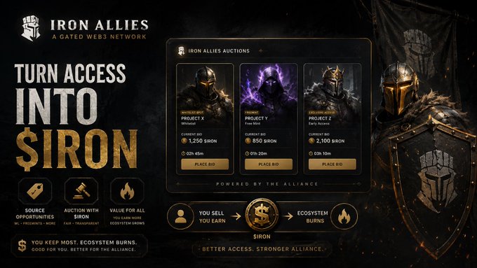 An advertisement for "IRON ALLIES" with the slogan "TURN ACCESS INTO $IRON", showing auction projects and a knight figure.