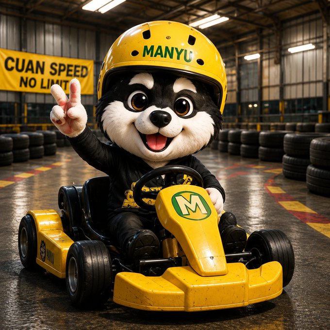 The image features a cartoon character wearing a yellow helmet with the word "MANYU" written on it. The character appears to be driving a go-kart, which has a yellow body and wheels. The background of the image shows an indoor setting with multiple tires scattered around, suggesting that this is likely a go-kart racing event or a similar activity.