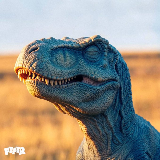 A 3D rendered image of a blue T-Rex dinosaur with its eyes closed, smiling contentently in a golden field at sunset, with the text 'FEPER' in the corner.
