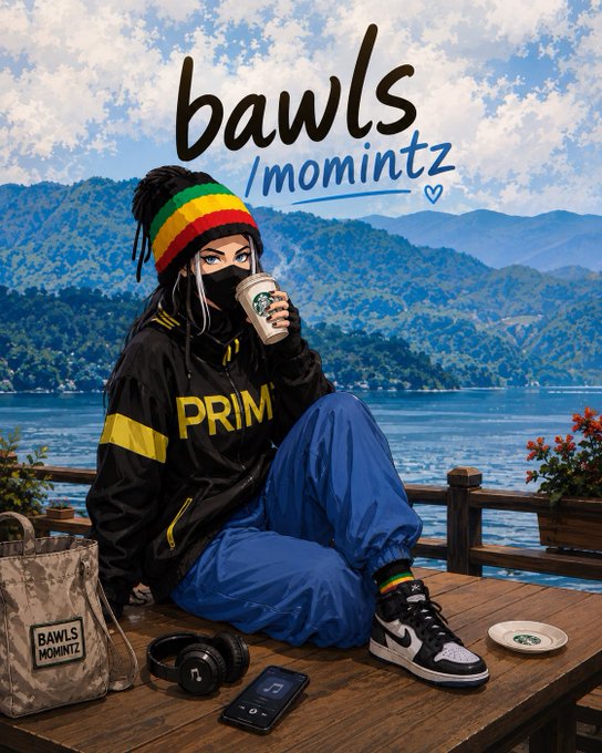Promotional artwork titled 'bawls /momintz' showing a masked figure in a Rastafarian beanie and black 'PRIM' jacket drinking coffee by a lake with mountains in the background.