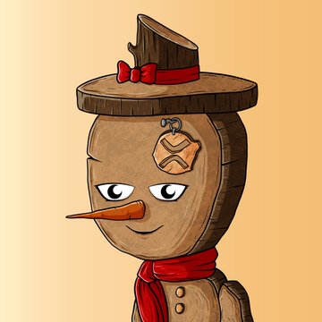 The image features a cartoon snowman with a brown hat, red scarf, and a wooden stick for arms. The snowman has a face with two eyes, a nose, and a mouth, giving it a friendly appearance. The background of the image is white, which contrasts nicely with the brown elements of the snowman's attire. There are no texts or other objects in the image, making the focus solely on the snowman and its features.