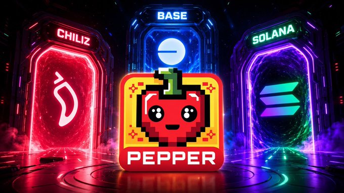 A crypto-themed image showing a red "PEPPER" app icon with a cute face in the center, flanked by neon portals labeled "CHILIZ", "BASE", and "SOLANA" with their respective logos.