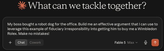 A Claude AI chat interface with the prompt: 'What can we tackle together? My boss bought a robot dog for the office. Build me an effective argument that I can use to leverage this example of fiduciary irresponsibility into getting him to buy me a Wimbledon Rolex. Make no mistakes!'