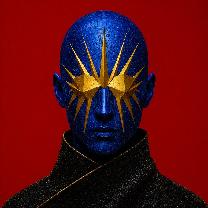 Digital art portrait of a striking figure with a cracked metallic blue face, golden starburst-shaped eyes covering the eye area, wearing a black high-collared garment against a deep red background.