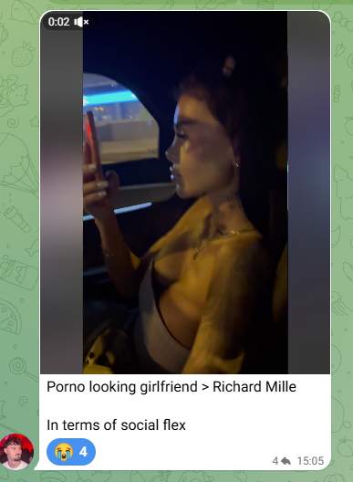 A man in a car posts "Porno looking girlfriend > Richard Mille" with the caption "In terms of social flex" while holding up 4 crying emojis, referencing the claim in the accompanying post about him flaunting a transgender escort in Dubai as a status symbol.