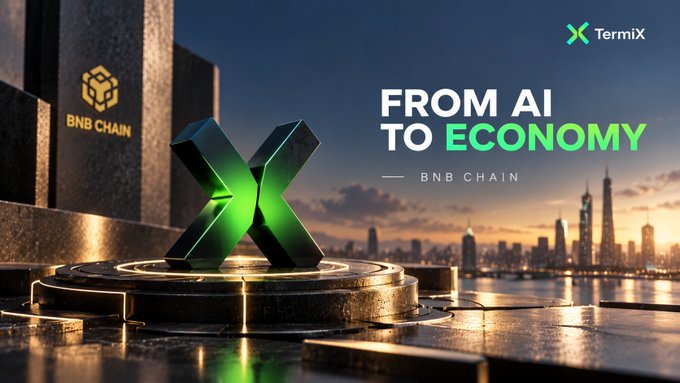 The image promotes "TermiX" with the tagline "FROM AI TO ECONOMY" alongside the "BNB CHAIN" branding, featuring a glowing green X-shaped monument set against a futuristic cityscape at dusk. It visually reinforces the post's theme of AI agents operating within the BNB Chain ecosystem, symbolizing the transition from artificial intelligence into a functioning economic network.