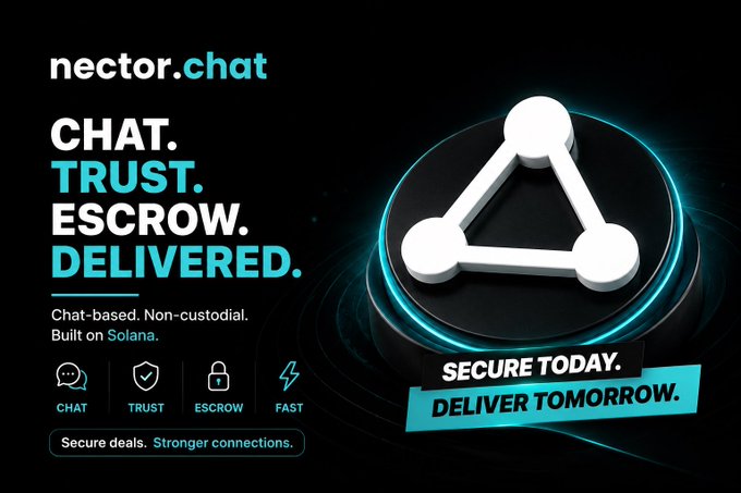 The image features an advertisement for a chat-based, non-custodial escrow platform called Nector. The platform allows users to securely send and receive digital assets like cryptocurrency or other valuable items without the need for traditional banks. It is built on Solana, which is a blockchain-based cryptocurrency network that ensures transparency and trust in transactions. The image also includes text promoting the platform's features such as Chat, Trust, Escrow, Delivered, and Secure Today. These features enable users to engage in seamless online transactions with minimal risk or hassle.