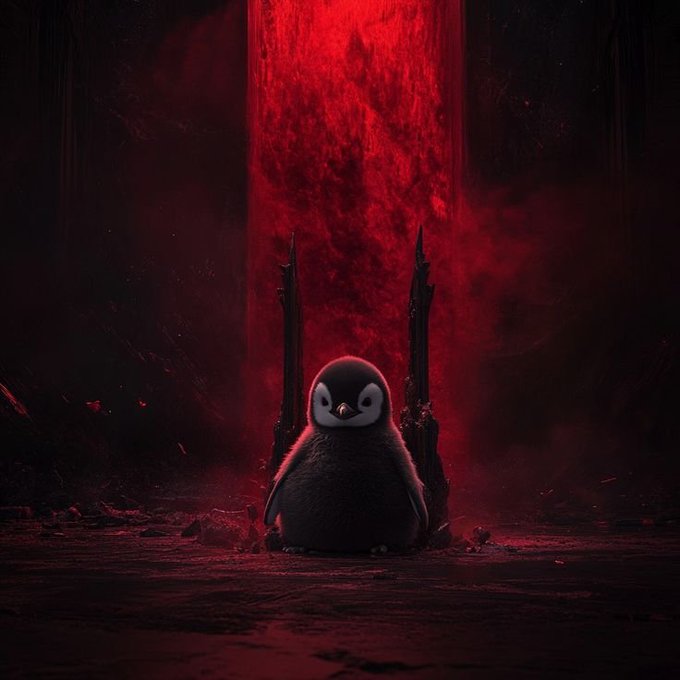 A dark, dramatic digital artwork of a small, fluffy penguin-like creature sitting on the ground before a glowing red, textured portal or waterfall.