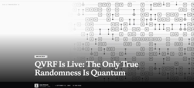 Announcement graphic titled 'QVRF Is Live: The Only True Randomness Is Quantum' from the Help Network, dated September 1st, 2026, featuring a quantum circuit diagram background.