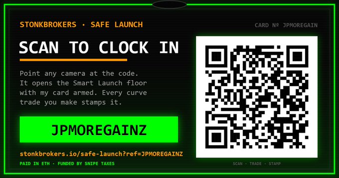 A referral card from StonkBrokers' Safe Launch platform featuring a QR code with the referral code "JPMOREGAINZ" and the URL "stonkbrokers.io/safe-launch?ref=JPMOREGAINZ," designed to track trades made through the user's referral link as shared in the accompanying post.