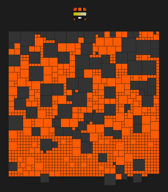 A pixelated or mosaic-style abstract graphic composed of numerous orange, dark gray, and black squares of varying sizes, with a small striped icon at the top center.