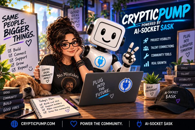 A promotional graphic titled "CRYPTICPUMP" powered by "AI-SOCKET $ASK" featuring a woman, a robot, and a dog at a desk, with text including "SAME PEOPLE. BIGGER THINGS.", "PLUG INTO THE FUTURE.", and "crypticpump.com".