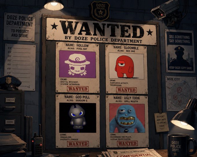 Stylized 'WANTED' poster board by the Doze Police Department featuring four suspects: Hollow, Gloomble, God Pull, and Ugly Toon, each with a cartoon avatar and crime description.