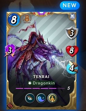 A digital trading card game featuring 'TENRAI', a Dragonkin card with a cost of 8, showing stats of 8 attack, 3 shield, 3 purple, 4 blue, and 8 red, with a 5-mana purple ability.