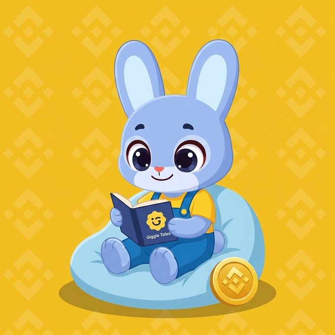 A cartoon illustration of a blue cartoon rabbit wearing overalls and reading a book labeled 'Giggle Tales,' with a gold Binance (BNB) coin beside it on a yellow patterned background.