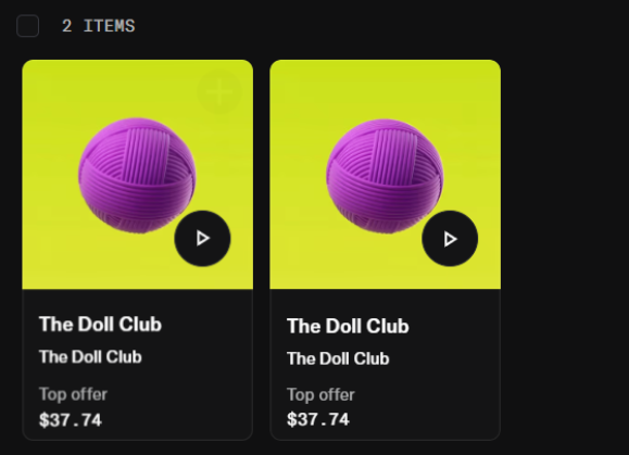A Roblox marketplace screenshot showing two identical items called 'The Doll Club' listed as 'Top offer' at $37.74 each on a black background.