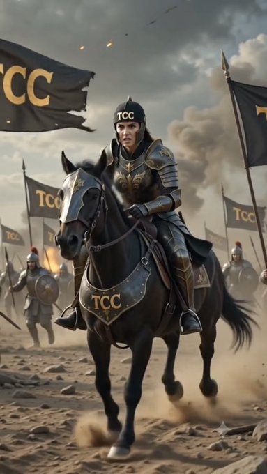A digital artwork shows an armored warrior on horseback with 'TCC' on the helmet and horse armor, set against a battlefield with 'TCC' banners.