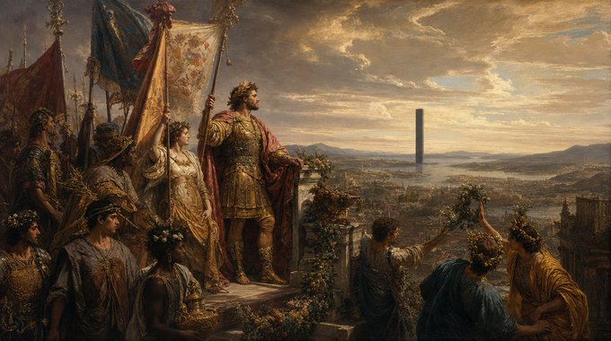 A classical-style painting depicting Roman figures in ornate robes and armor holding banners, standing on a balcony overlooking a landscape with a tall obelisk in the distance.